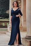 Sirène bleu marine col en V Satin demi-manches Robe longue mère de la mariée avec fente