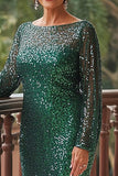 Paillettes vertes fourreau col rond manches longues robe longue mère de la mariée