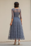 Dentelle Bleu Poussiéreux Demi-Manches Thé Longueur Mère de la Robe de la Mariée