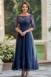 Elégante dentelle marine Une ligne Robe mère de la mariée avec manches 3/4