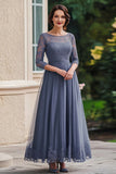 Dentelle Bleu Poussiéreux Manches 3/4 Mère De La Mariée Robe Avec Dentelle
