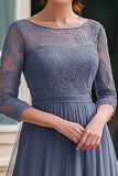Dentelle Bleu Poussiéreux Manches 3/4 Mère De La Mariée Robe Avec Dentelle