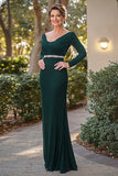 Élégante robe de mère de mariée à manches longues vert foncé avec perles