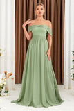 Robe longue de bal en mousseline de soie vert à épaules dénudées