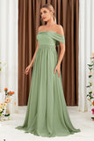 Robe longue de bal en mousseline de soie vert à épaules dénudées