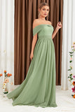 Robe longue de bal en mousseline de soie vert à épaules dénudées
