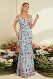 Robe de bal longue à épaules longues à épaules froides sirène sirène bleue