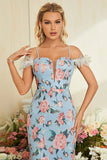 Robe de bal longue à épaules longues à épaules froides sirène sirène bleue