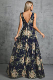 Col en V bleu marine Une robe formelle en mousseline de soie imprimée de fleurs