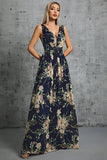Col en V bleu marine Une robe formelle en mousseline de soie imprimée de fleurs