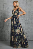 Col en V bleu marine Une robe formelle en mousseline de soie imprimée de fleurs