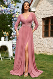 Dusty Rose A-ligne col en V manches longues Robe longue formelle en mousseline de soie