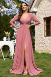 Dusty Rose A-ligne col en V manches longues Robe longue formelle en mousseline de soie