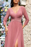 Dusty Rose A-ligne col en V manches longues Robe longue formelle en mousseline de soie