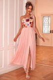 Blush Floral Une Épaule Tulle Trapèze Longueur Thé Robe Formelle