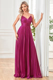 Robe longue formelle plissée à bretelles spaghetti trapèze fuchsia scintillante