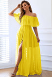 Robe longue formelle jaune à volants à épaules dénudées avec fente