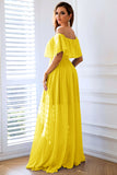 Robe longue formelle jaune à volants à épaules dénudées avec fente