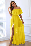 Robe longue formelle jaune à volants à épaules dénudées avec fente