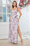 Robe longue de bal à imprimé floral lilas avec volants