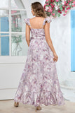 Robe longue de bal à imprimé floral lilas avec volants