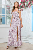 Robe longue de bal à imprimé floral lilas avec volants