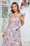 Robe longue de bal à imprimé floral lilas avec volants