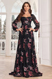 A Line Robe de bal longue noire à manches longues à imprimé floral