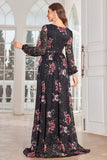 A Line Robe de bal longue noire à manches longues à imprimé floral