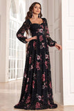 A Line Robe de bal longue noire à manches longues à imprimé floral