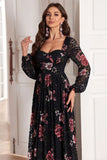 A Line Robe de bal longue noire à manches longues à imprimé floral