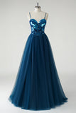 Robe longue trapèze miroir bleu foncé scintillante