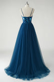 Robe longue trapèze miroir bleu foncé scintillante
