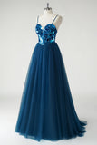 Robe longue trapèze miroir bleu foncé scintillante