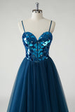 Robe longue trapèze miroir bleu foncé scintillante