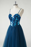 Robe longue trapèze miroir bleu foncé scintillante