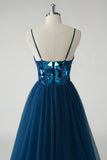 Robe longue trapèze miroir bleu foncé scintillante