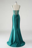 Robe de bal sirène à bretelles spaghetti en satin vert foncé