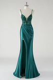 Robe De Soirée sirène à bretelles spaghetti vert foncé scintillante avec fente