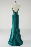Robe De Soirée sirène à bretelles spaghetti vert foncé scintillante avec fente
