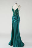 Robe De Soirée sirène à bretelles spaghetti vert foncé scintillante avec fente