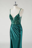 Robe De Soirée sirène à bretelles spaghetti vert foncé scintillante avec fente
