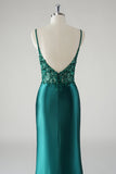Robe De Soirée sirène à bretelles spaghetti vert foncé scintillante avec fente