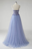 Robe De Soirée en tulle bleu gris scintillant une ligne avec fente