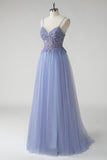Robe De Soirée en tulle bleu gris scintillant une ligne avec fente