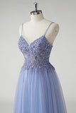 Robe De Soirée en tulle bleu gris scintillant une ligne avec fente