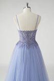 Robe De Soirée en tulle bleu gris scintillant une ligne avec fente