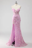 Lilas sans bretelles Coset Applique Sirène Robe de soirée Longue avec Fente