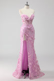 Lilas sans bretelles Coset Applique Sirène Robe de soirée Longue avec Fente
