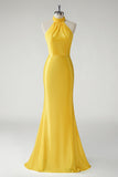 Sirène jaune Robe longue de bal en satin dos nu